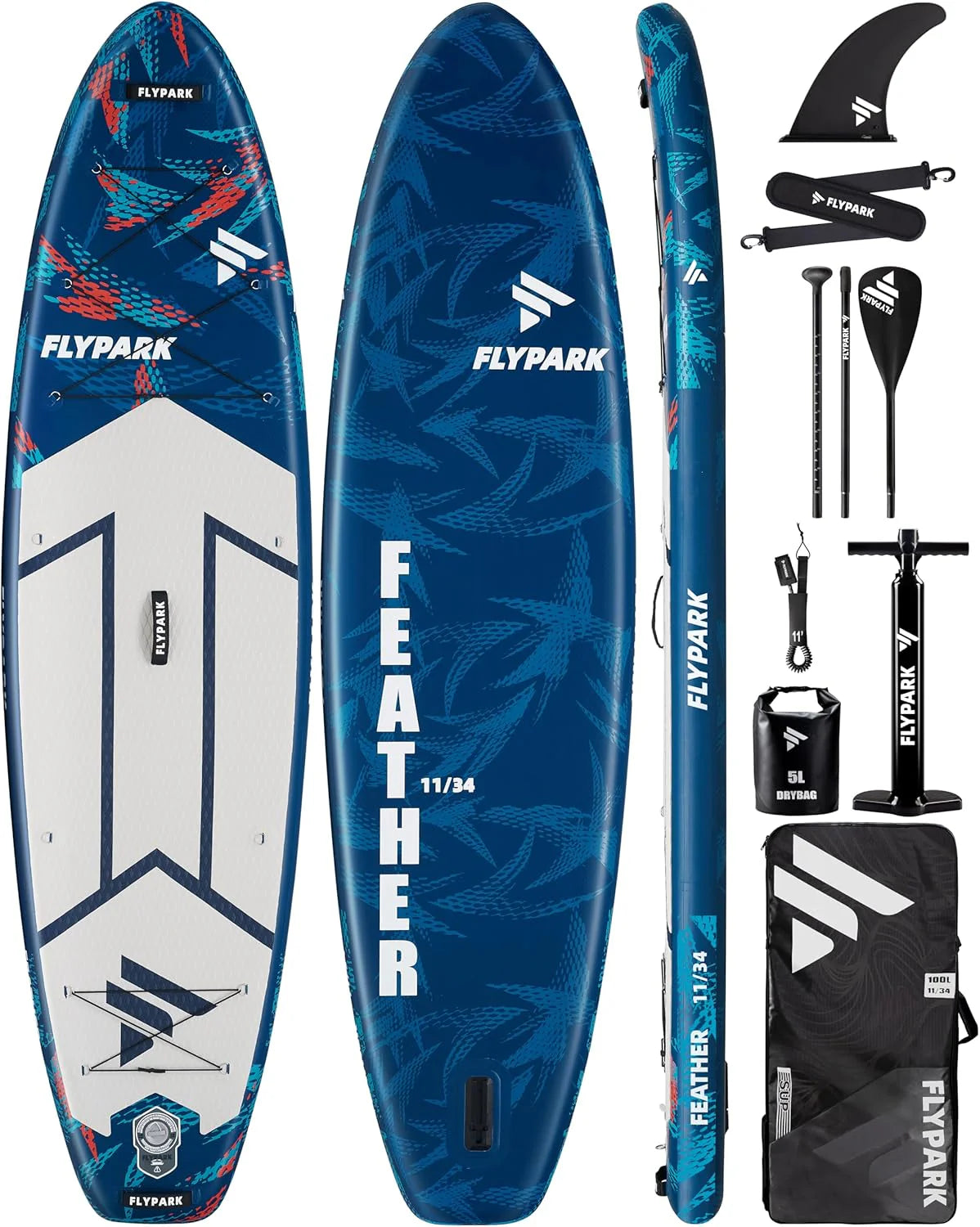 Flypark Inflatable Paddleboard, 11-inch x 34-inch, 420 Pounds Capacity, 15 D-Rings