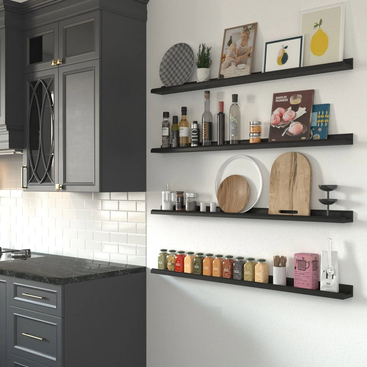Floating Wall Shelves, Set Of 4, 46 x 3.8 x 2 Inch MDF Wood Picture Ledges
