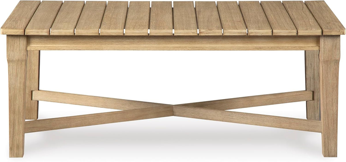Signature Design by Ashley Clare View Outdoor Patio Eucalyptus Sofa With Cushions, Beige