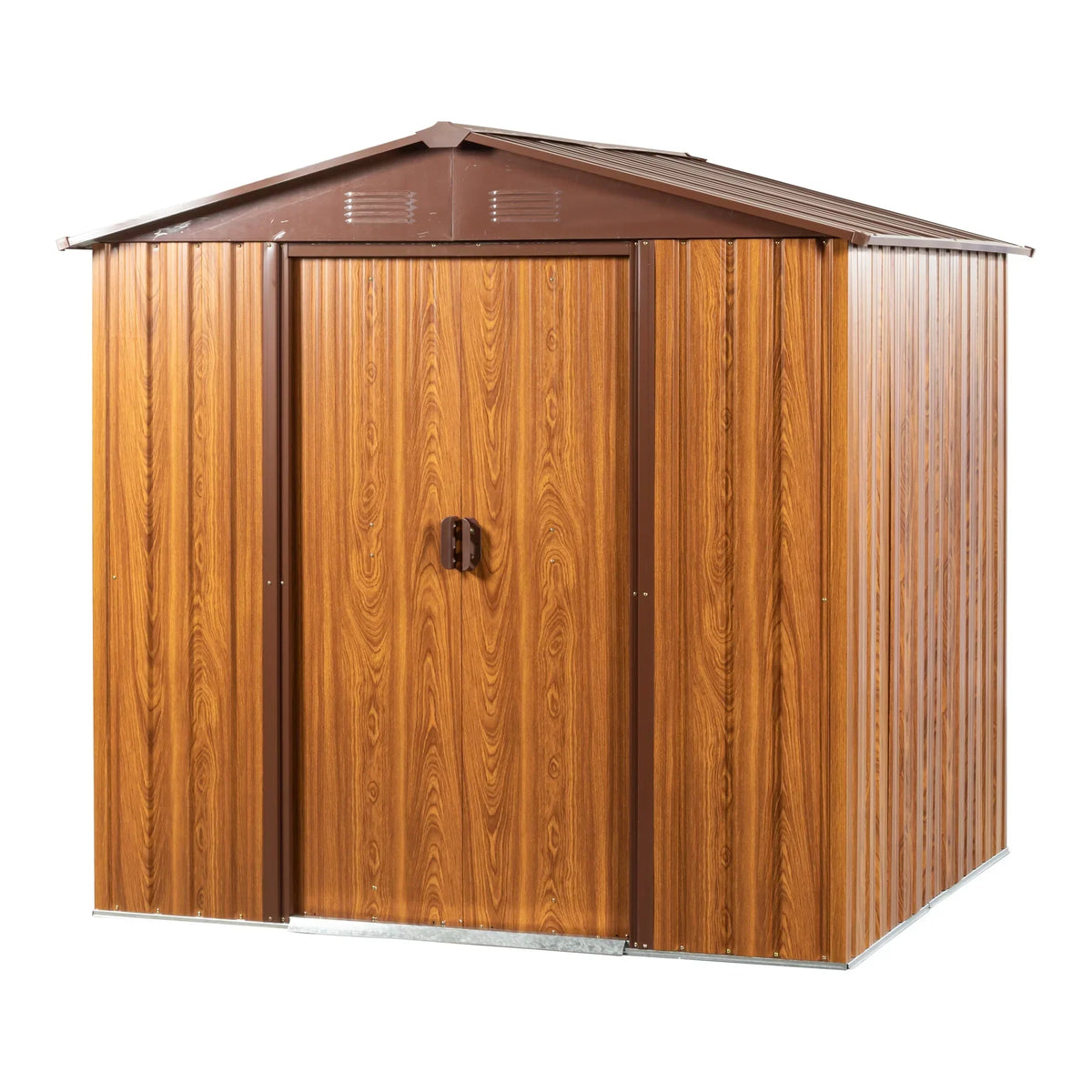 Outdoor Metal Storage Shed 6.36 x 5.7ft With Floor Frame, Sliding Doors, Brown & Wood Grain, No Window