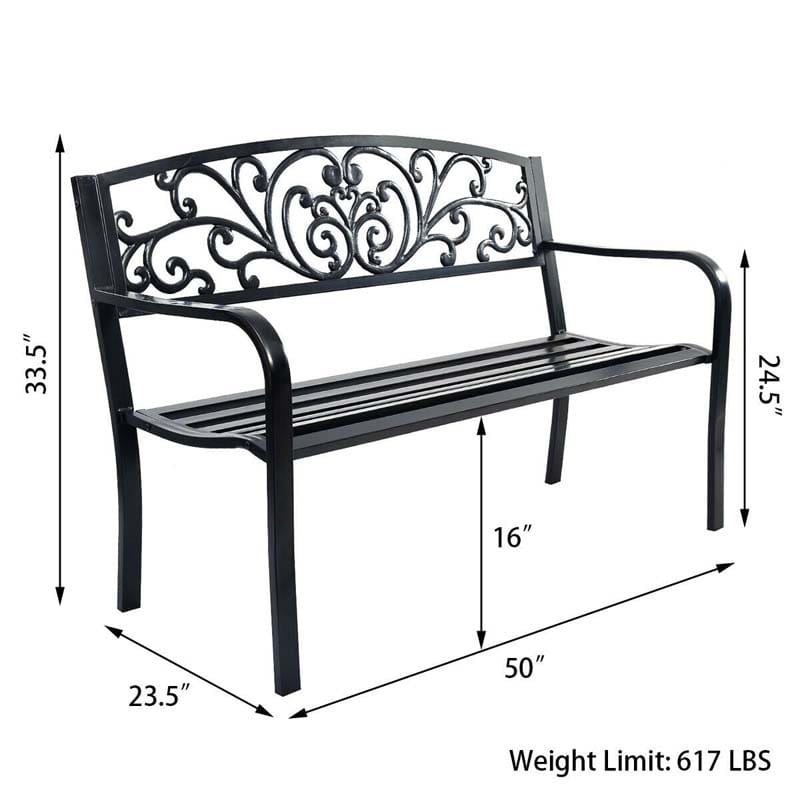 Outdoor Patio Bench With Cast Iron Backrest And Steel Frame, 50 x 23 1/2 x 33 1/2 in