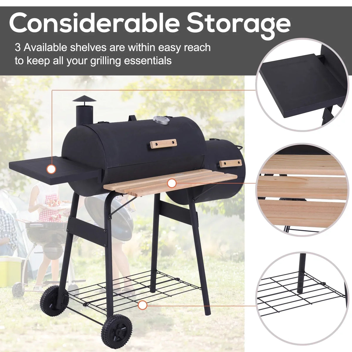Outsunny Portable Charcoal BBQ Grill And Offset Smoker Combo, 48.75in x 20.75in x 41in - Black