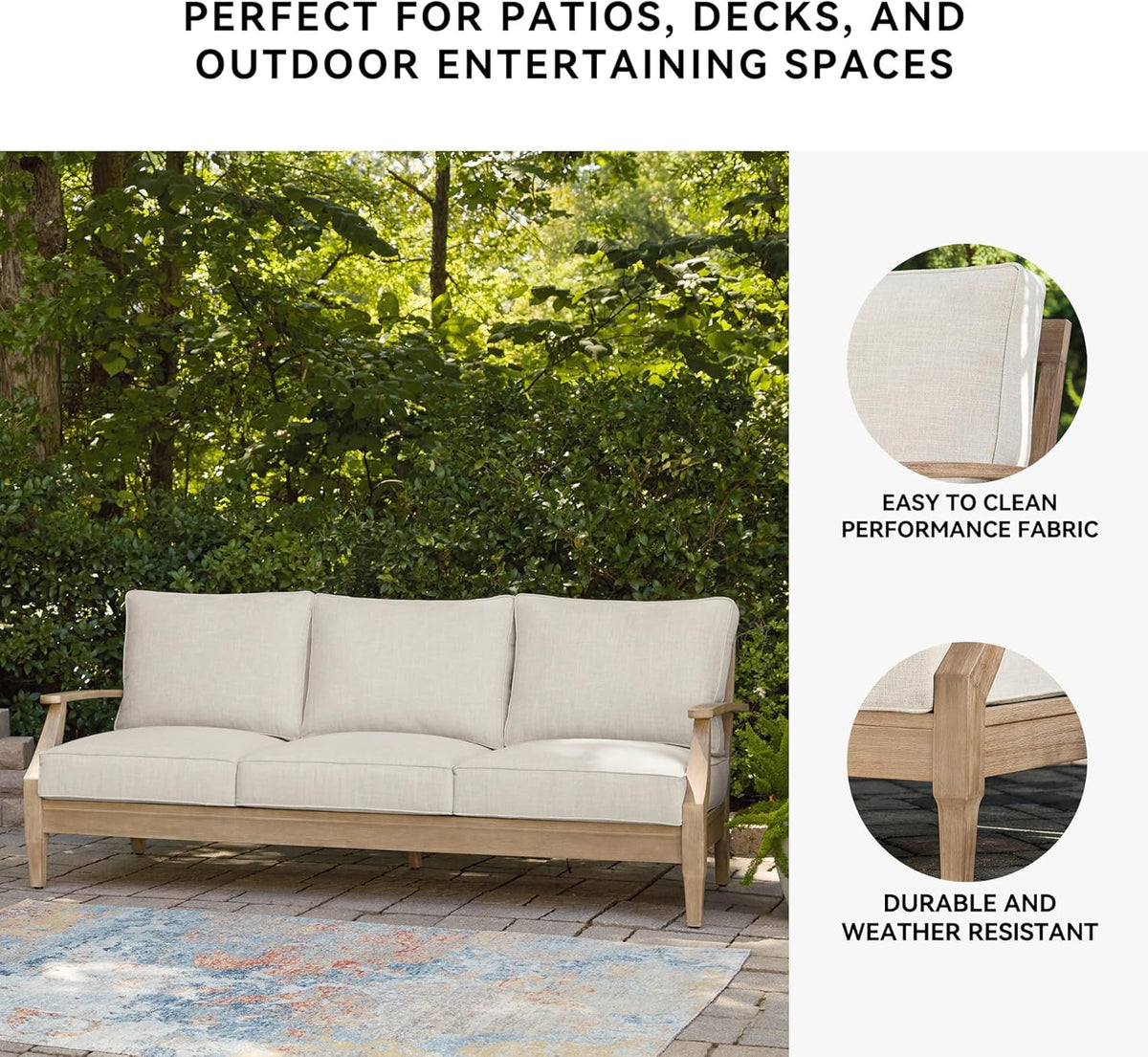 Signature Design by Ashley Clare View Outdoor Patio Eucalyptus Sofa With Cushions, Beige