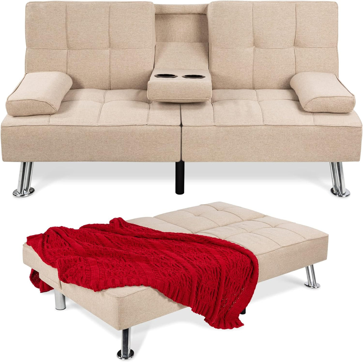 Best Choice Products Linen Upholstered Convertible Folding Futon Sofa Bed, Gray, 65.25in x 32in x 29in, 500 lbs