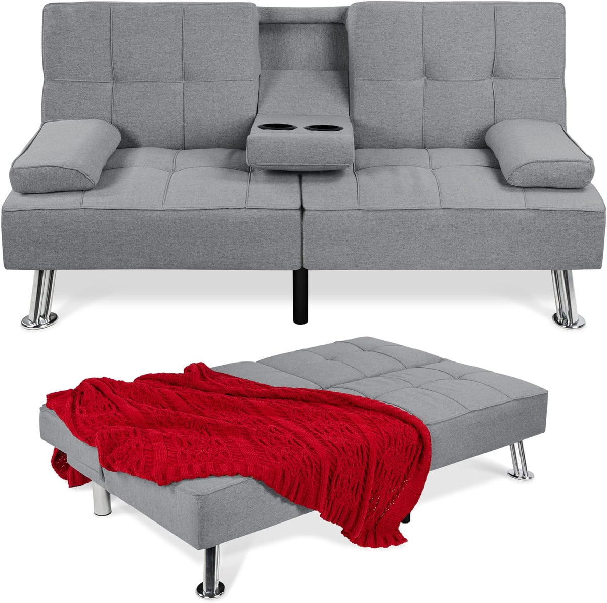 Best Choice Products Linen Upholstered Convertible Folding Futon Sofa Bed, Gray, 65.25in x 32in x 29in, 500 lbs