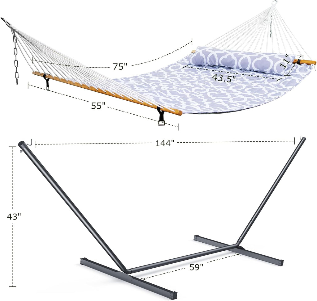 Double Outdoor Hammock With Adjustable Steel Stand, 500 LBS Capacity, Carrying Bag, White Grey