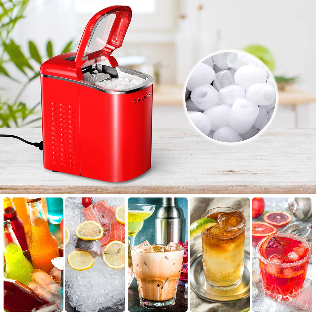 Galanz Portable Countertop Ice Maker, 26 lbs in 24 Hours, 9 Bullet Cubes in 9 Minutes, 2 Ice Sizes, 2.1 L, Retro Red