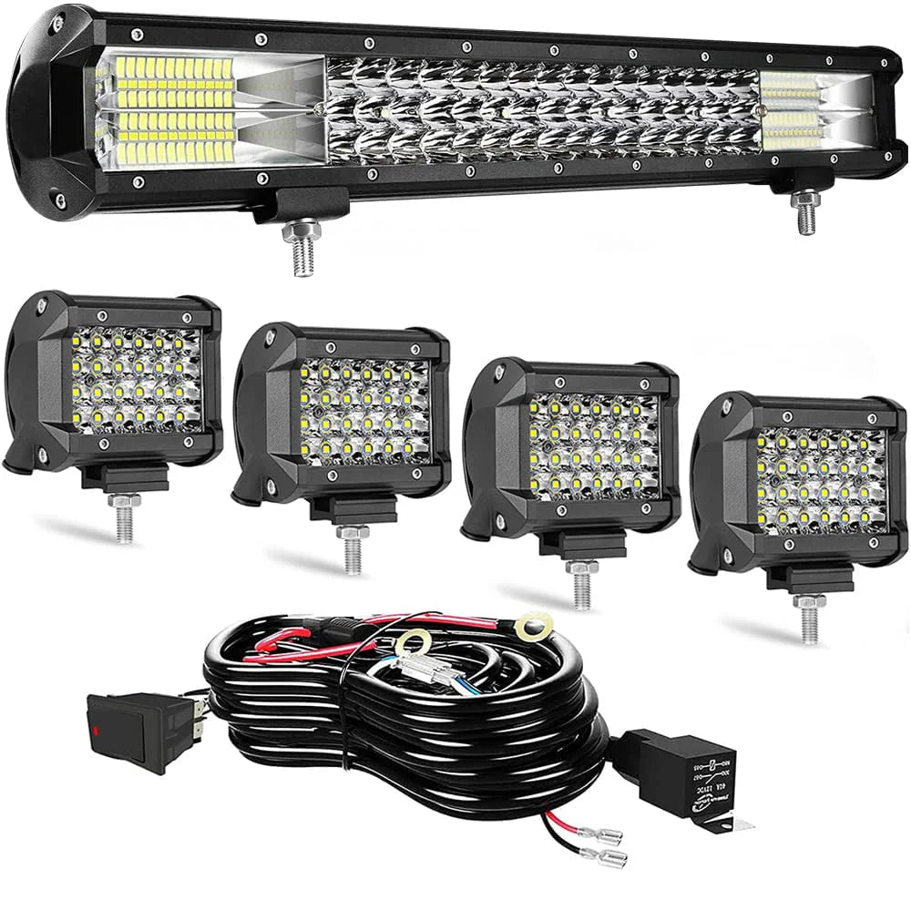 MUVKQC 20in 288W Triple Row LED Light Bar With 4 72W LED Pods And Wiring Harness - C51