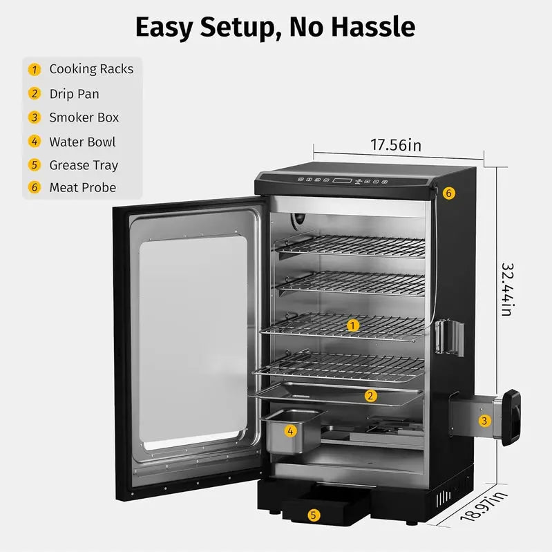 East Oak 30-Inch Outdoor Electric Smoker With Built-In Meat Probe And Side Loader