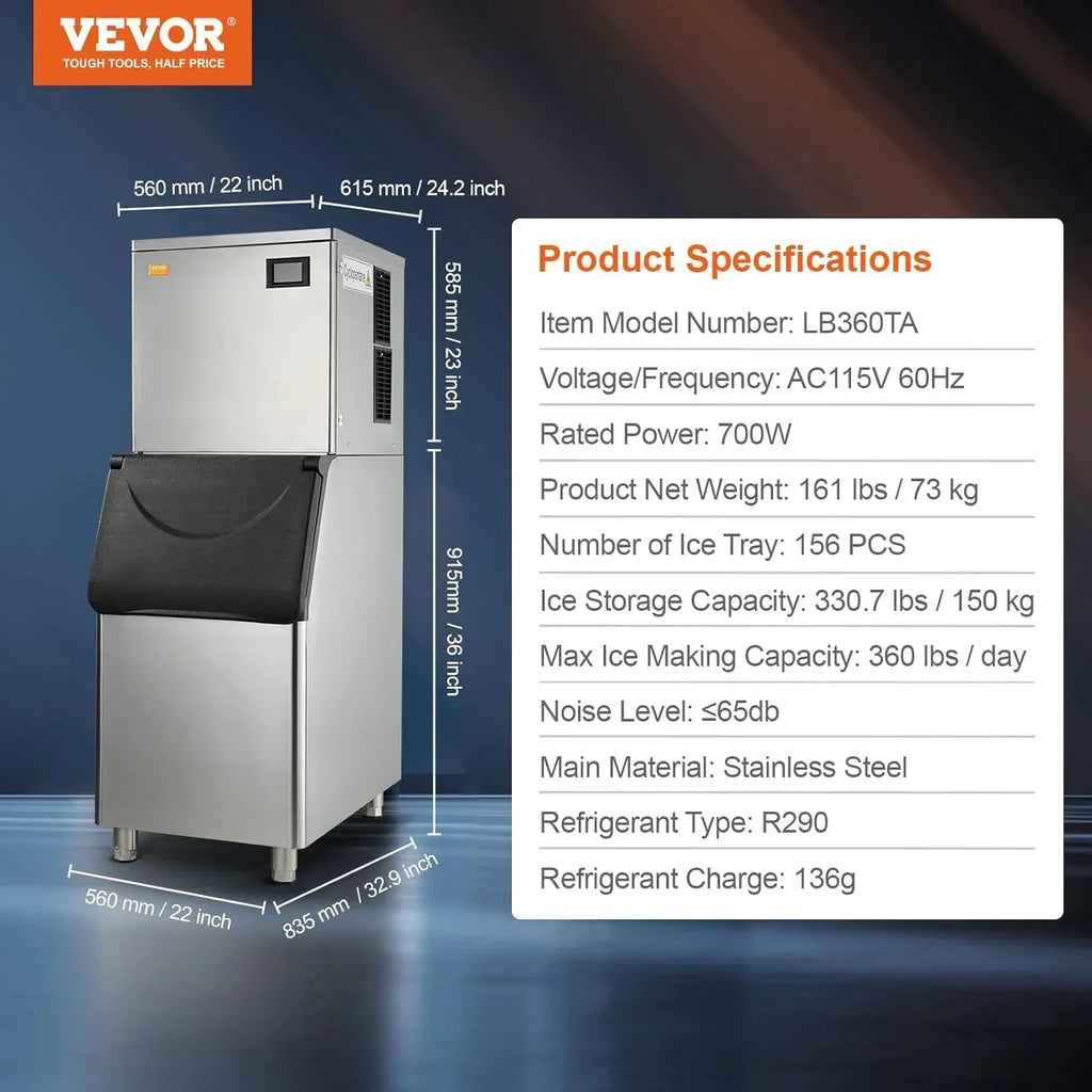 VEVOR Commercial Ice Maker 360 lbs/24h With 330.7 lbs Storage Bin