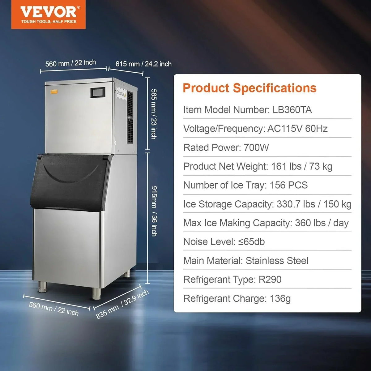 VEVOR Commercial Ice Maker 360 lbs/24h With 330.7 lbs Storage Bin