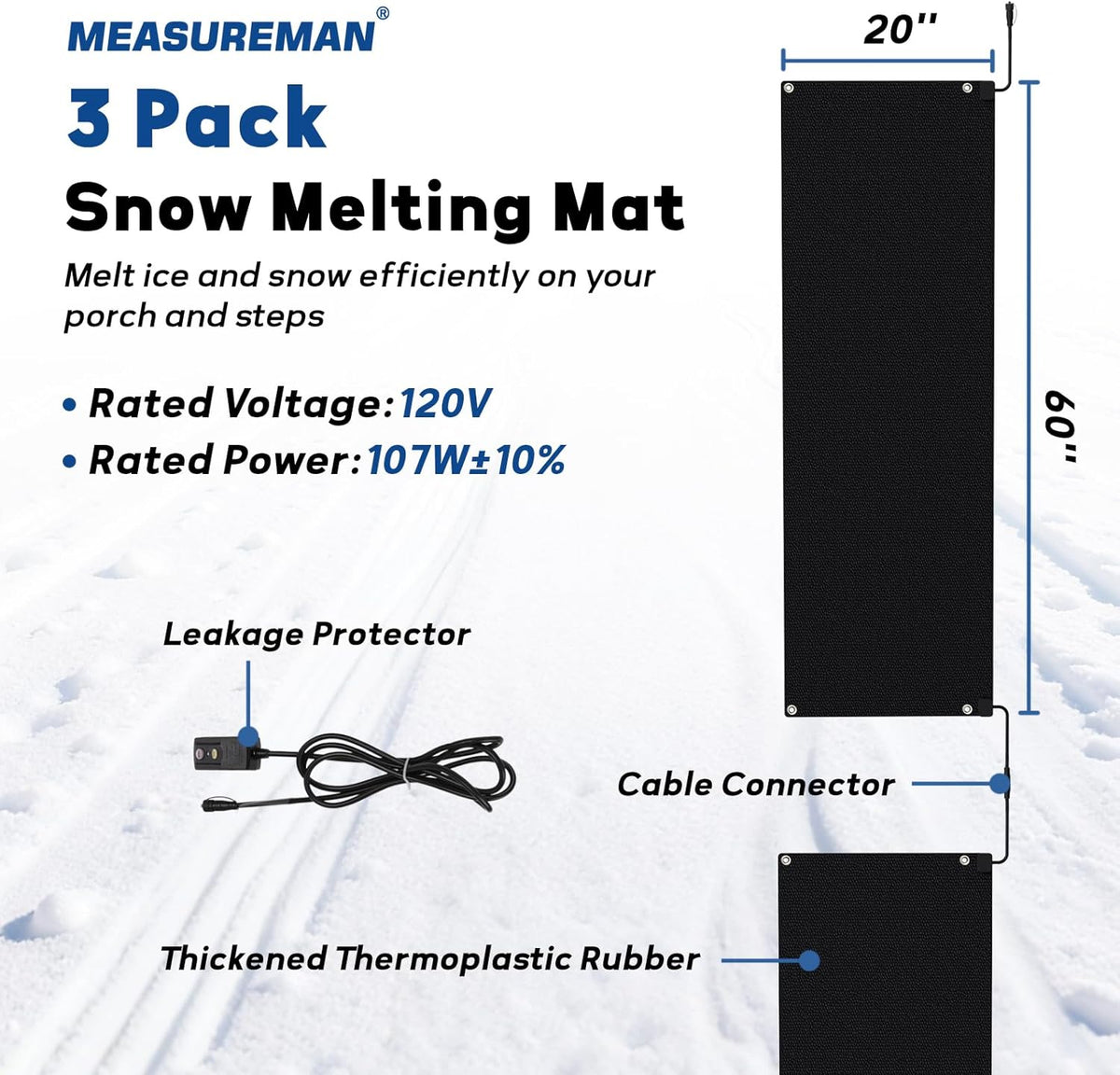 MEASUREMAN Snow Melting Mats - 20 x 60 Inch, 3 Pieces, Rubber Heated Mats