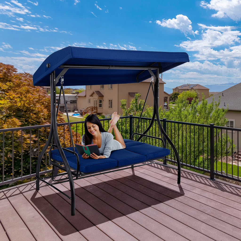 Arlopu 3-Person Outdoor Convertible Porch Swing Glider With Canopy