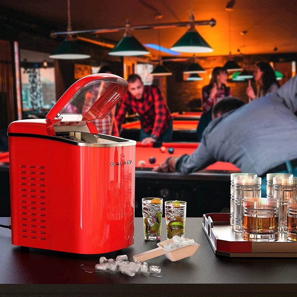 Galanz Portable Countertop Ice Maker, 26 lbs in 24 Hours, 9 Bullet Cubes in 9 Minutes, 2 Ice Sizes, 2.1 L, Retro Red