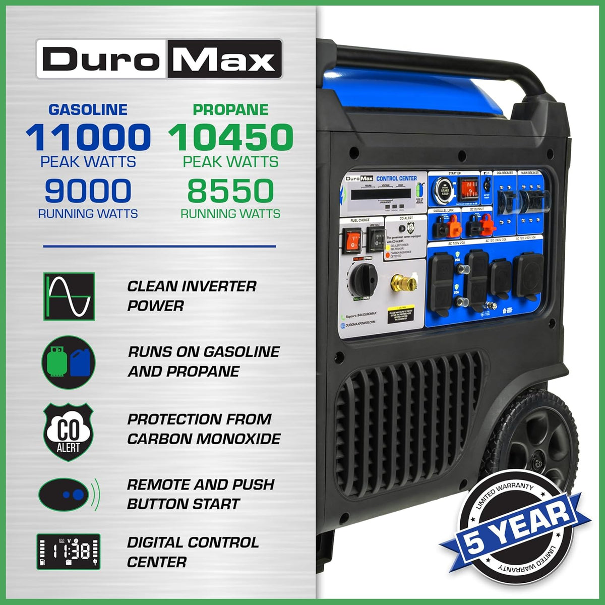 DuroMax Dual Fuel Portable Digital Inverter Generator, 11 000-Watt, 459cc - XP11000iH