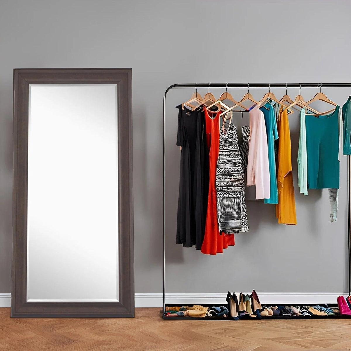 Full Length Oversized Rectangle Wall Mirror With Smooth Faux Wood Frame