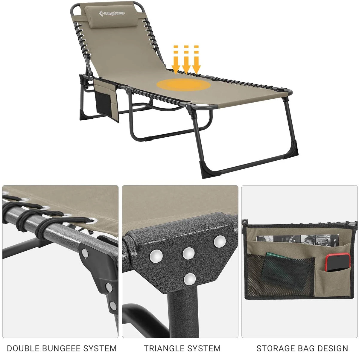 Adjustable 4-Position Folding Chaise Lounge Chair With Pillow Pocket - Supports 265 lbs
