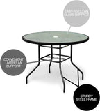Outdoor Steel Patio Dining Table With Round Waterwave Glass Top, Black, 40 inch