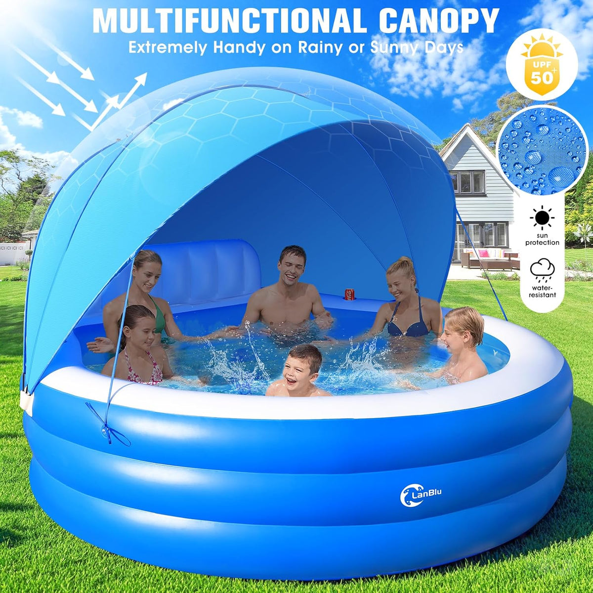 Inflatable Family Lounge Pool With Canopy, Bench And Backrest, 92in x 92in x 26in - Blue