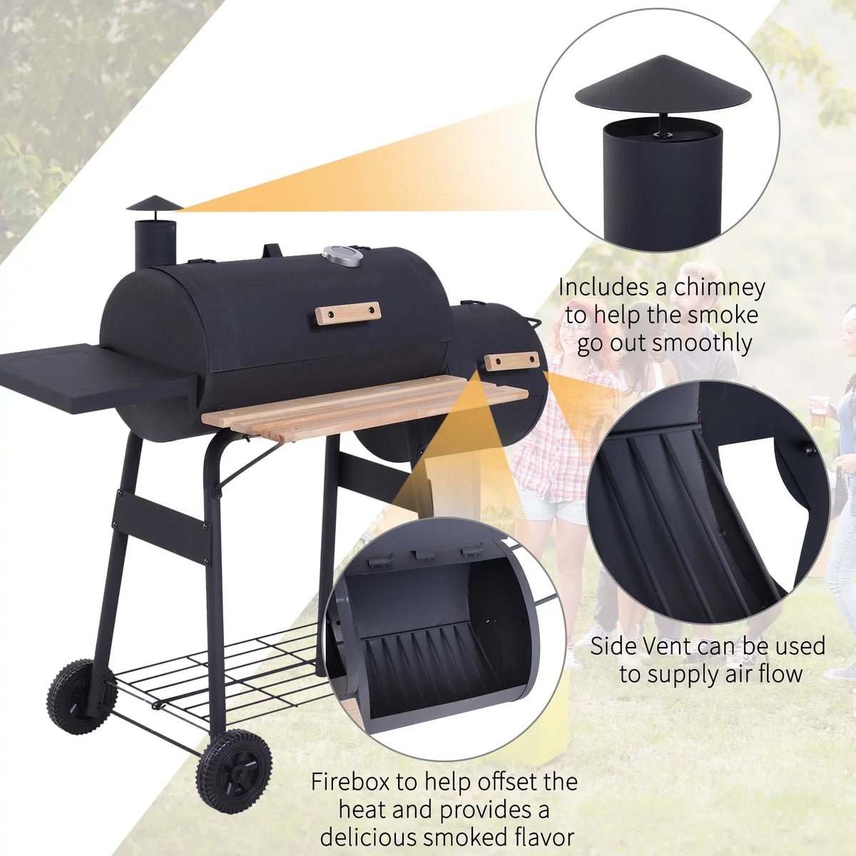 Outsunny Portable Charcoal BBQ Grill And Offset Smoker Combo, 48.75in x 20.75in x 41in - Black
