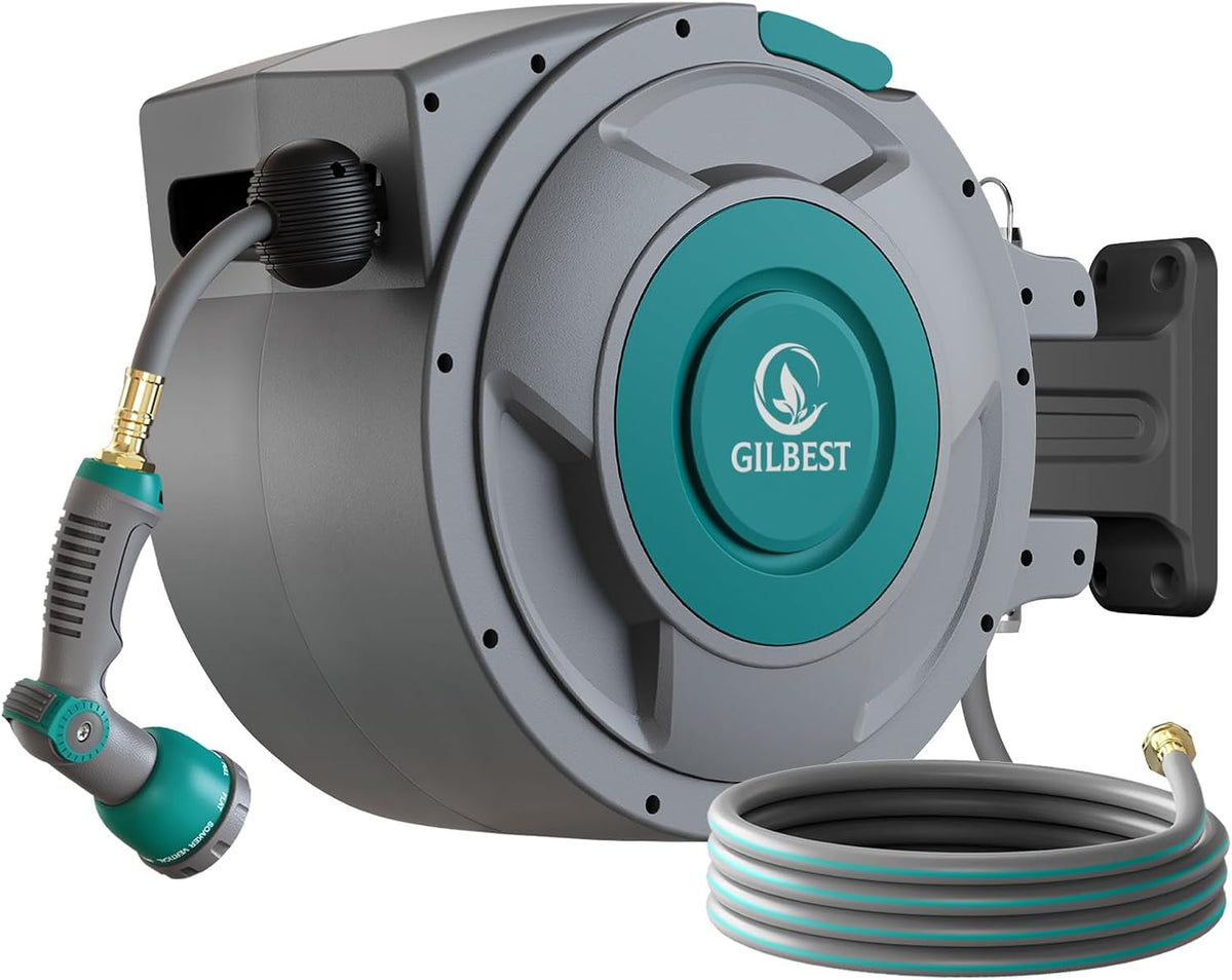 GILBEST Retractable Garden Hose Reel, 100 ft x 5/8 in, Green, 10-Function Nozzle