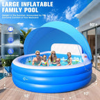 Inflatable Family Lounge Pool With Canopy, Bench And Backrest, 92in x 92in x 26in - Blue