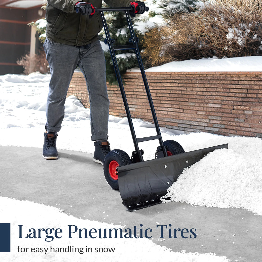 Best Choice Products 36in Galvanized Steel Blade Hand Snow Pusher With 2 Wheels, Adjustable Handle, Black