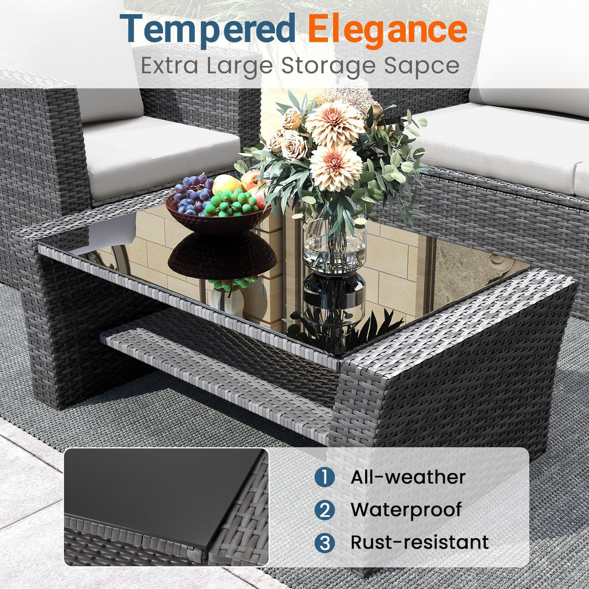 Wisteria Lane 4-Piece Wicker Patio Conversation Set With Cushions And Glass Table - Ash Gray