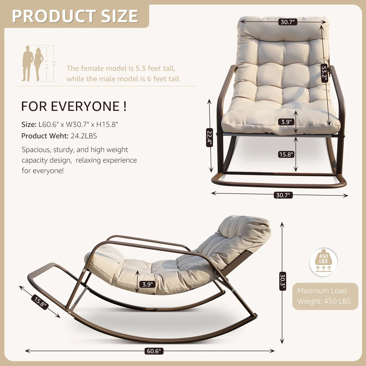RADIATA Oversized Wicker Papasan Rocking Recliner With Footrest, 450 lbs, Beige