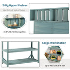 Wooden Outdoor Potting Bench Table With 4 Storage Shelves, Side Hook And Green Finish