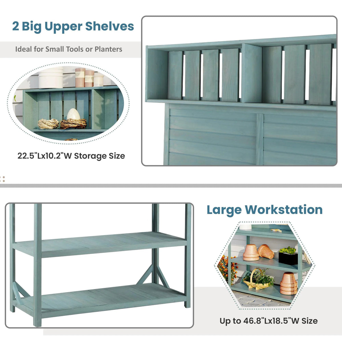 Wooden Outdoor Potting Bench Table With 4 Storage Shelves, Side Hook And Green Finish