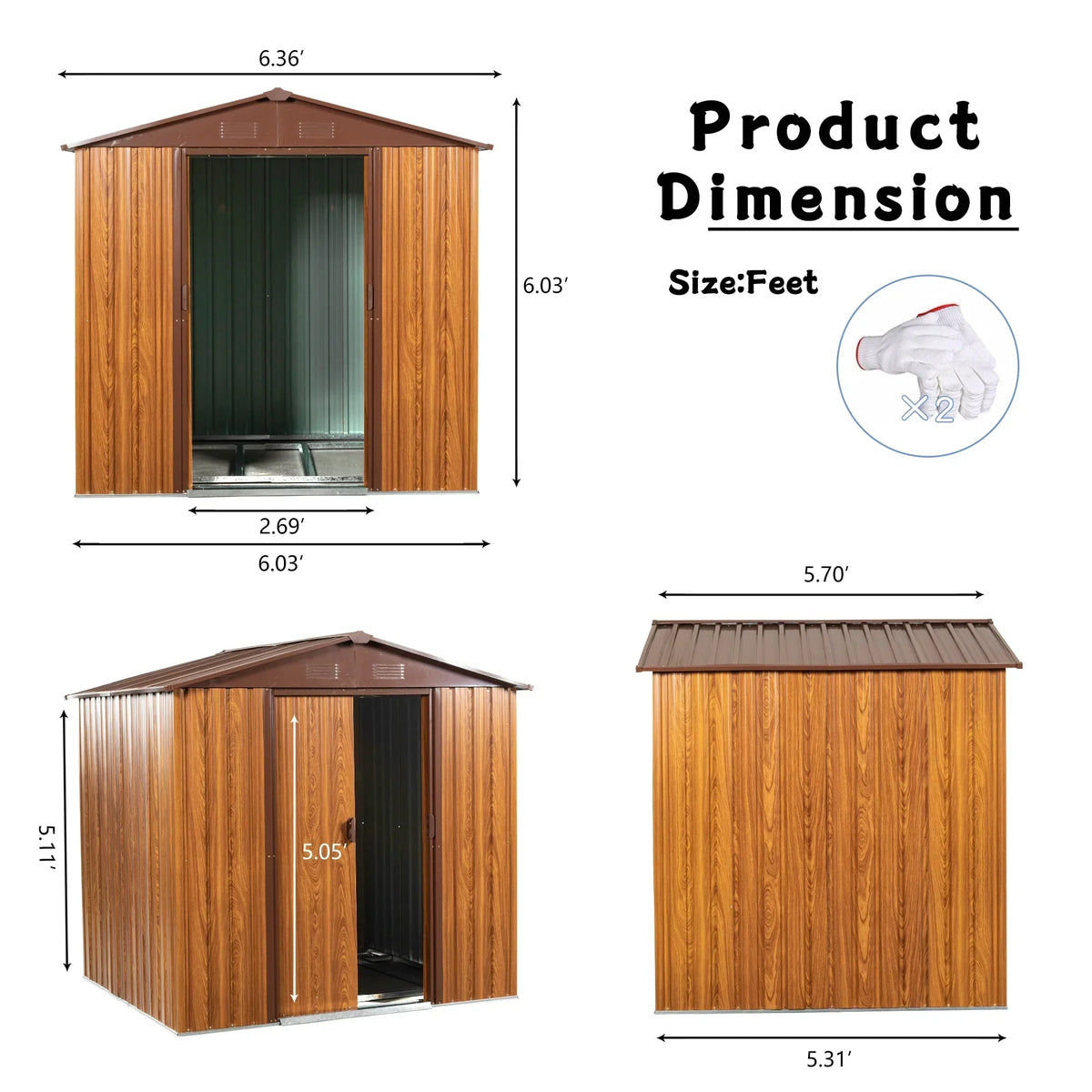 Outdoor Metal Storage Shed 6.36 x 5.7ft With Floor Frame, Sliding Doors, Brown & Wood Grain, No Window