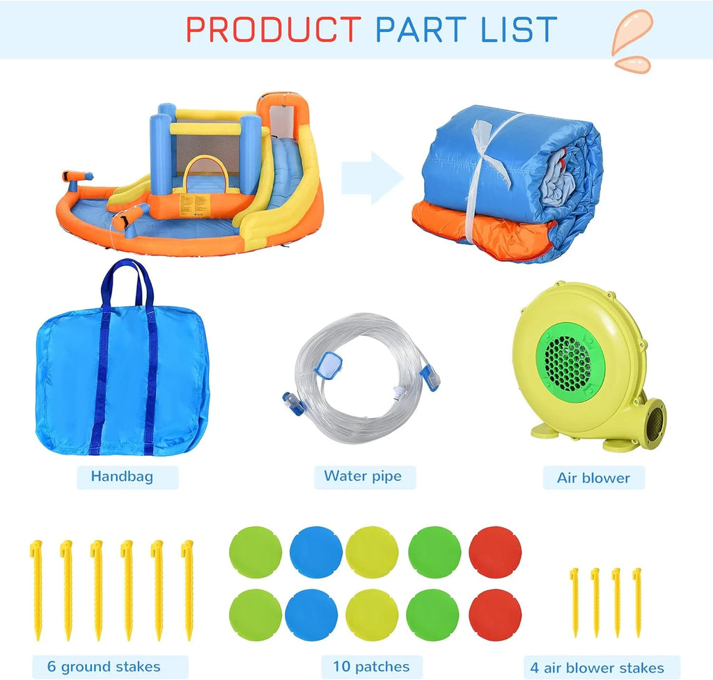 Outsunny 5-in-1 Inflatable Water Slide Bounce House, Orange Blue Yellow, 450W Air Blower