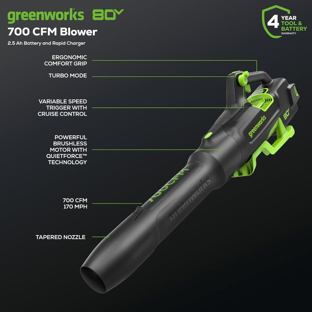 Greenworks 80V Brushless Cordless Leaf Blower, 700 CFM / 170 MPH, 2.5Ah Battery And 40-Min Rapid Charger
