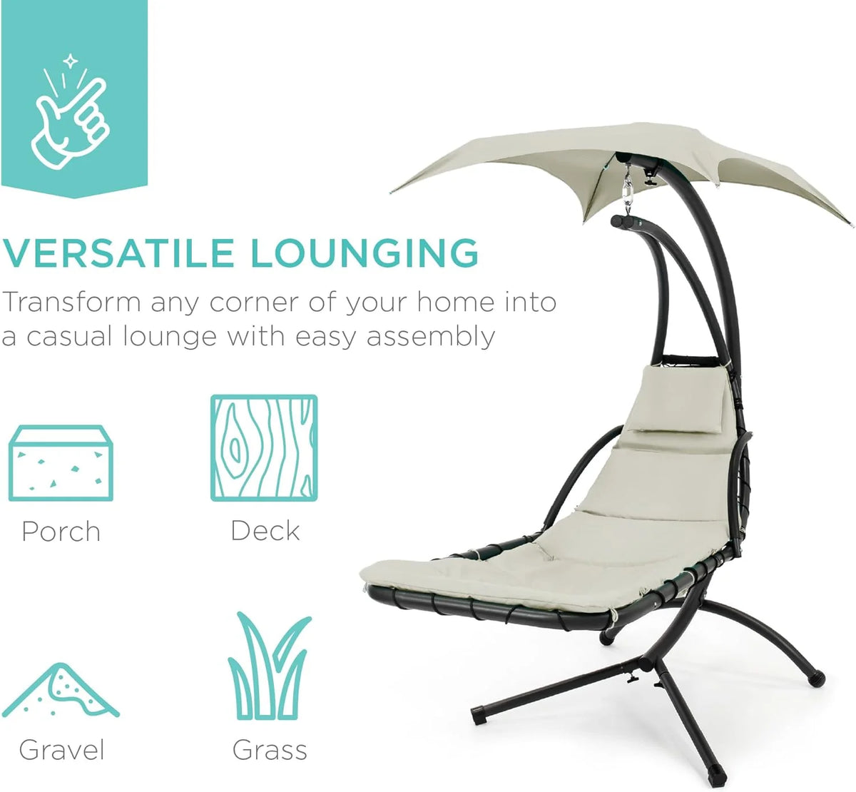 Best Choice Products Outdoor Hanging Steel Chaise Lounge Chair With Canopy, Charcoal Gray - SKY5871