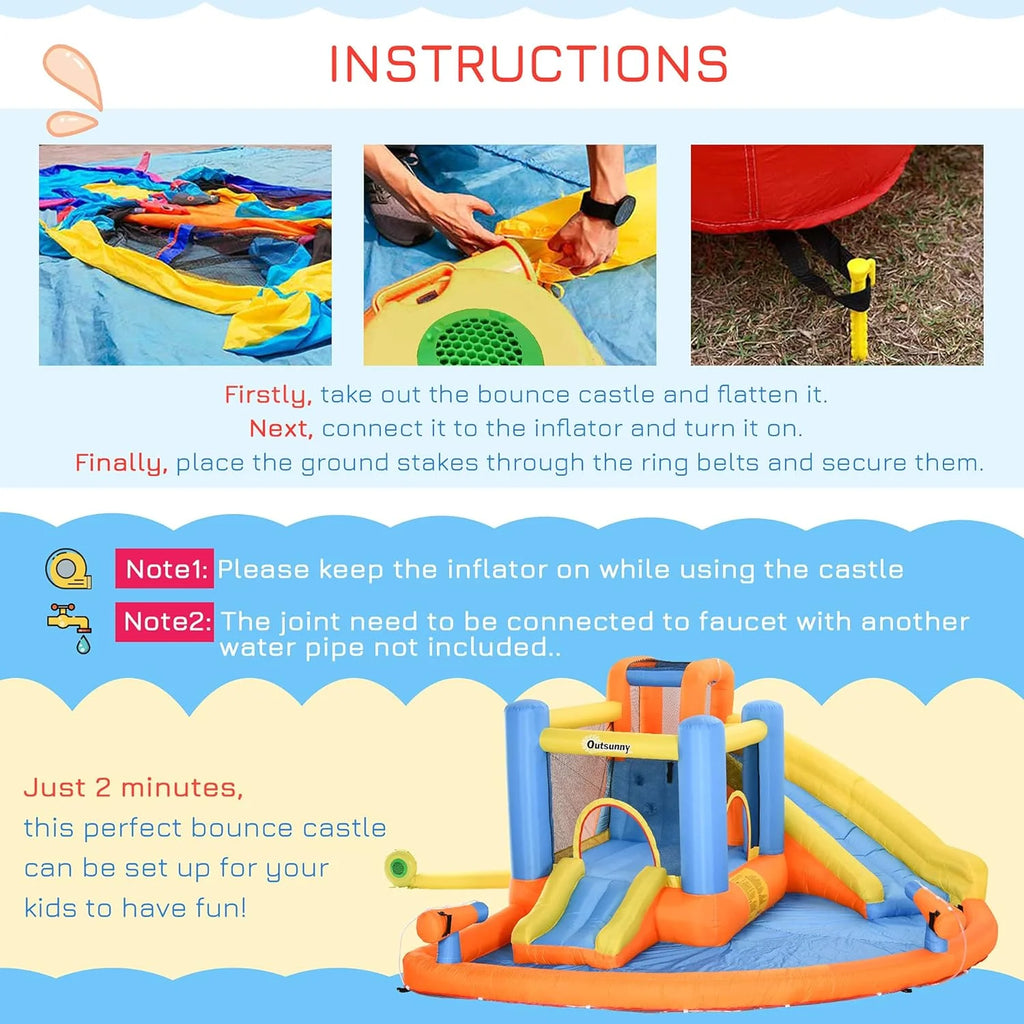 Outsunny 5-in-1 Inflatable Water Slide Bounce House, Orange Blue Yellow, 450W Air Blower