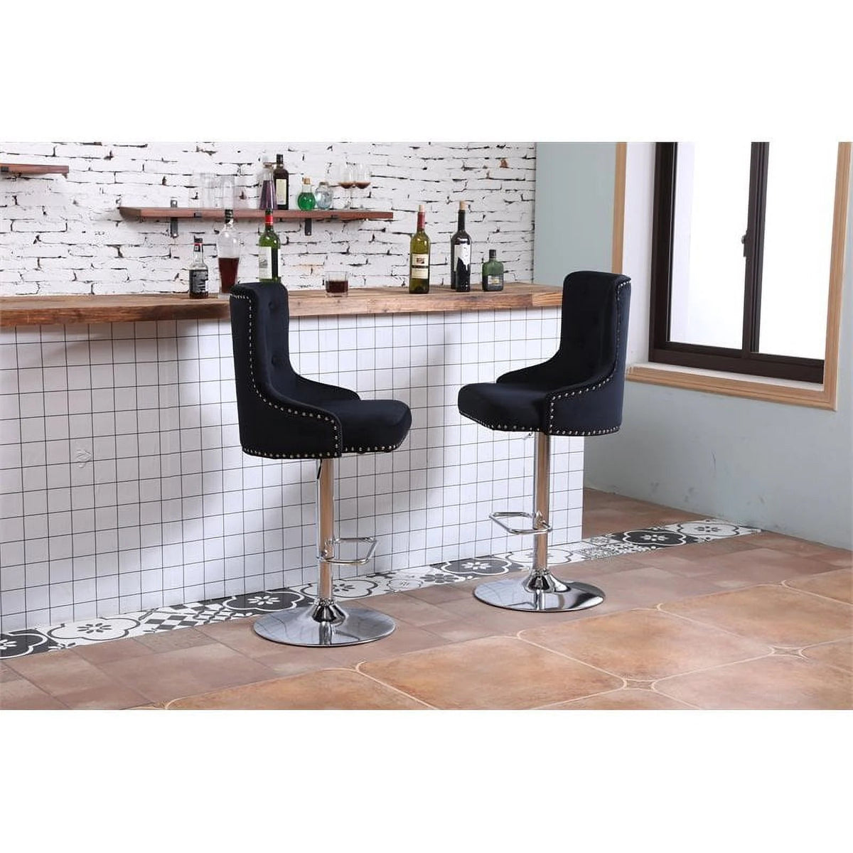 Alexent 2-Piece Swivel Bar Stools, Dark Blue, 43.7-51.6 H, 19.3 W x 18.1 D - Silver Footrest