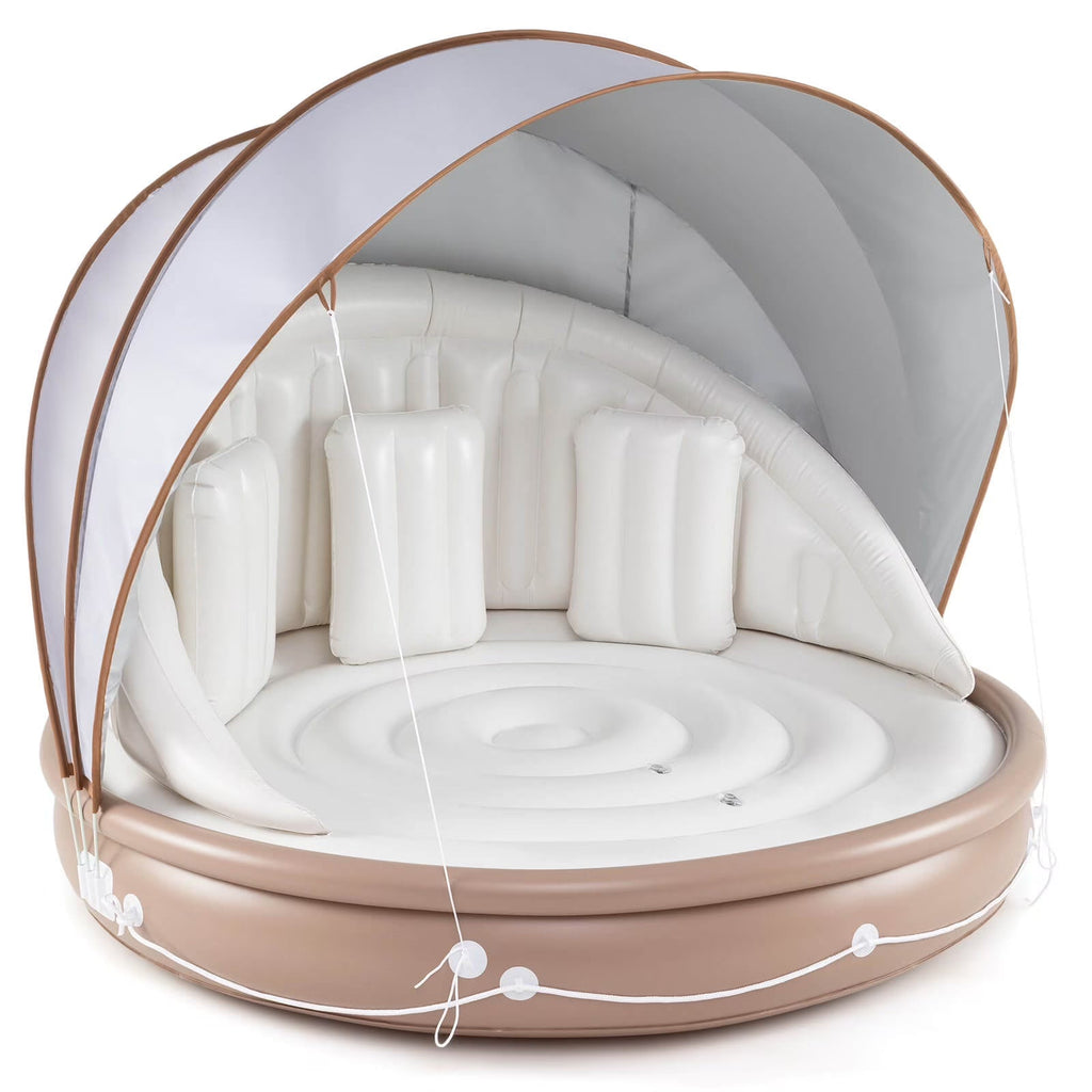 Costway Canopy Inflatable Pool Float Lounge, 71'' x 71'' x 63'' - White Brown Silver