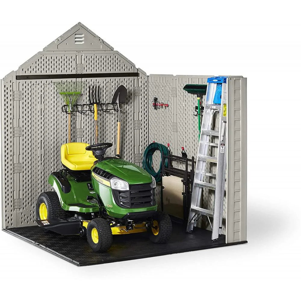 7x7 Ft Resin Outdoor Garden Storage Shed With Windows And Utility Hooks, Sand