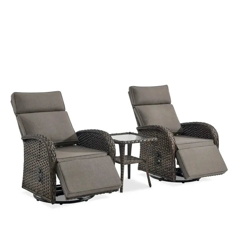 Pocassy 3-Piece Outdoor Recliner Set With Side Tables And Grey Cushions