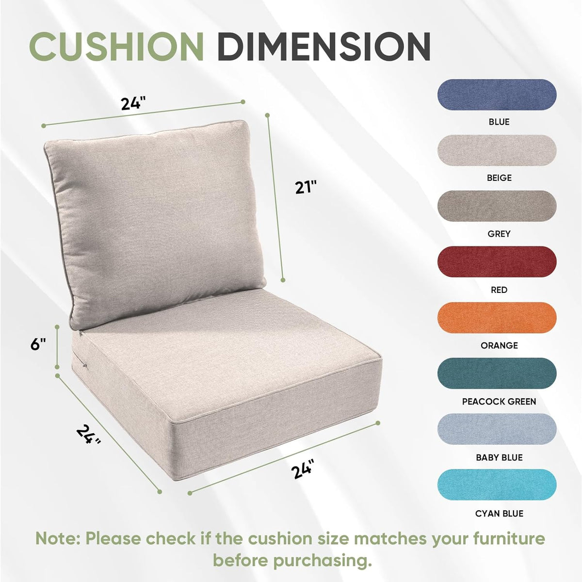 moosprr Outdoor Chair Cushion Set - 24x24, 6 Inch Thick, Beige, 3 Seat And 3 Back Cushions