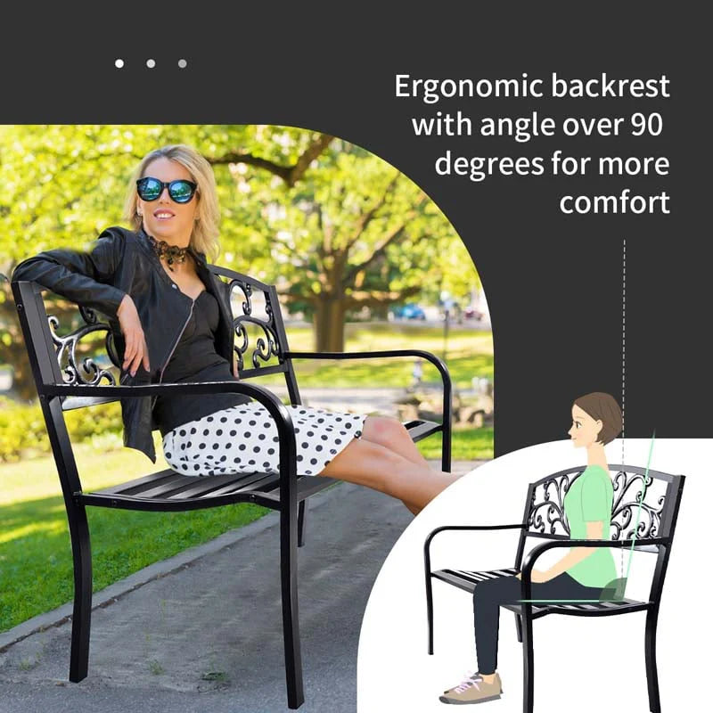 Outdoor Patio Bench With Cast Iron Backrest And Steel Frame, 50 x 23 1/2 x 33 1/2 in