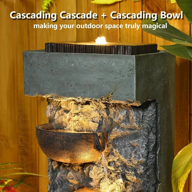 Floor Standing Cascading Bowl Water Fountain With LED Lights, 15.6 inch L x 13.2 inch W x 43 inch H