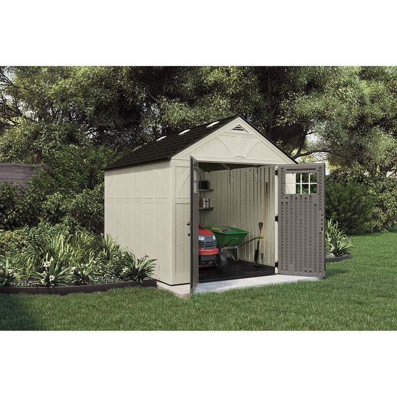Outdoor Plastic Storage Shed 8 ft W x 10 ft D - Gray/Ivory