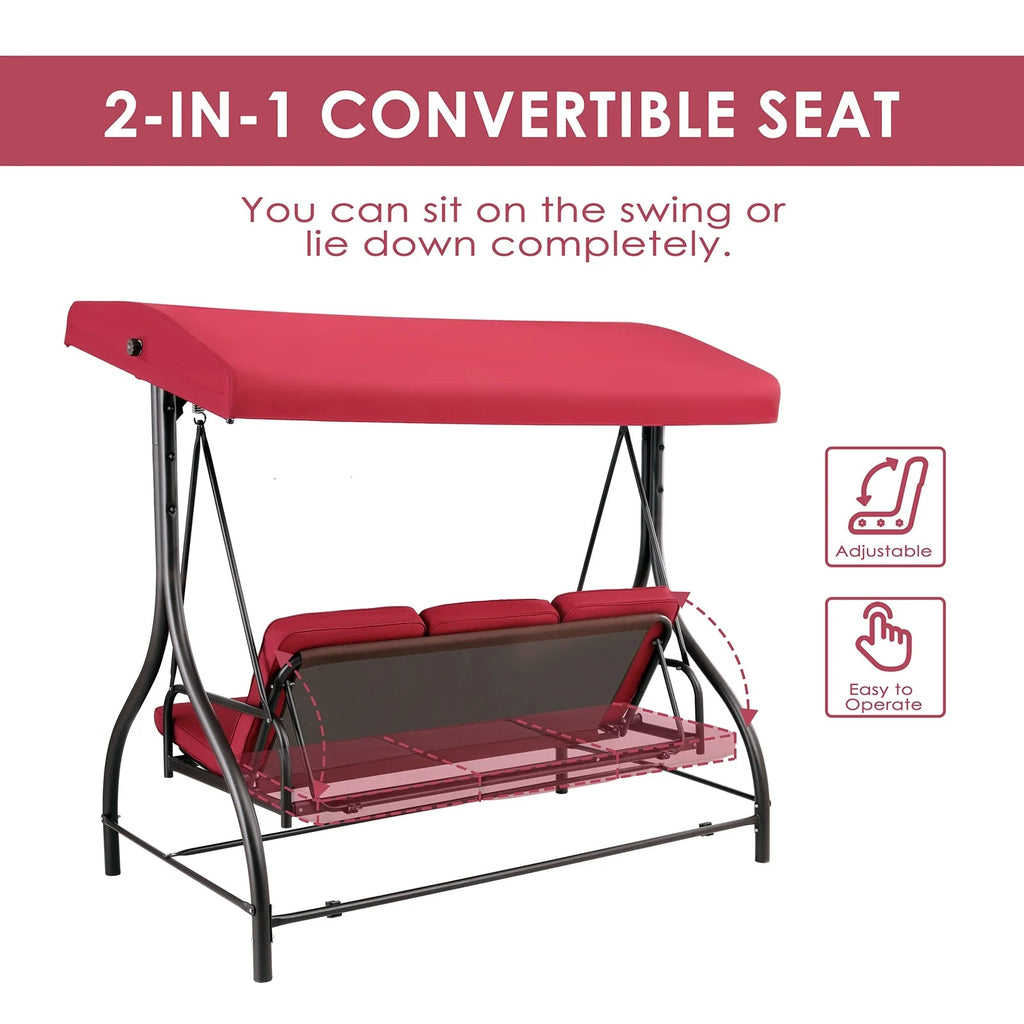 Arlopu 3-Person Outdoor Convertible Porch Swing Glider With Canopy