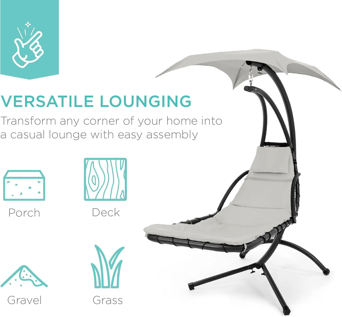 Best Choice Products Outdoor Hanging Steel Chaise Lounge Chair With Canopy, Charcoal Gray - SKY5871