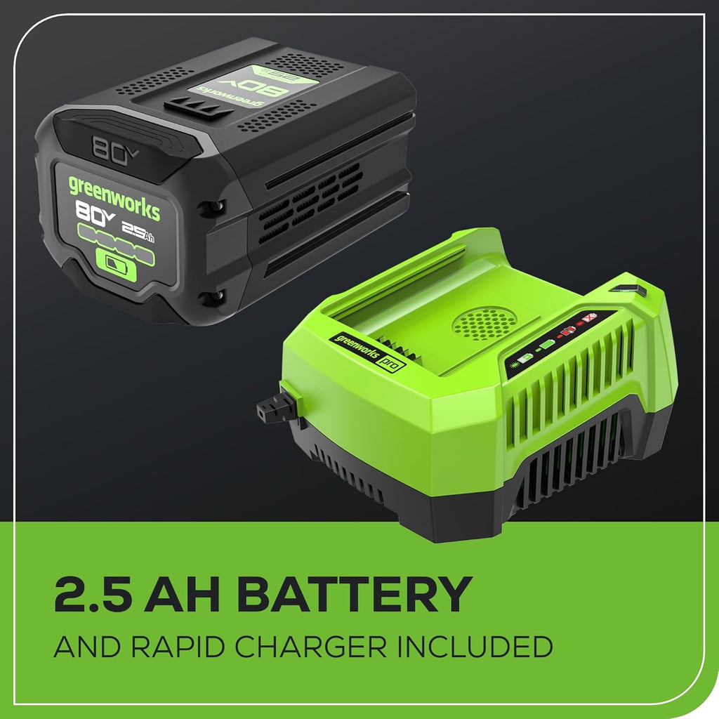 Greenworks 80V Brushless Cordless Leaf Blower, 700 CFM / 170 MPH, 2.5Ah Battery And 40-Min Rapid Charger