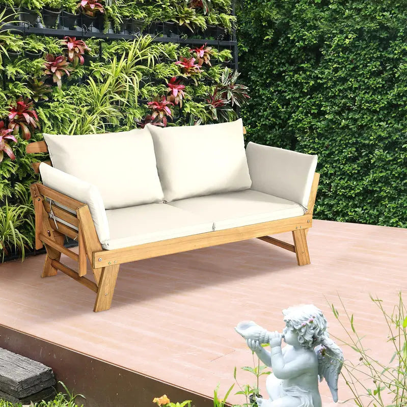 Acacia Wood Outdoor Convertible Daybed With Adjustable Armrests