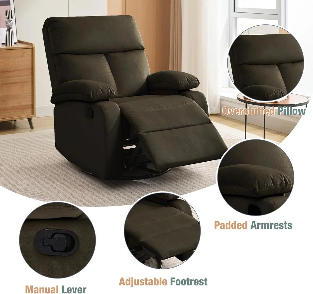 Swivel Rocker Recliner Chair For Compact Spaces - 32in D x 30.2in W x 38.9in H
