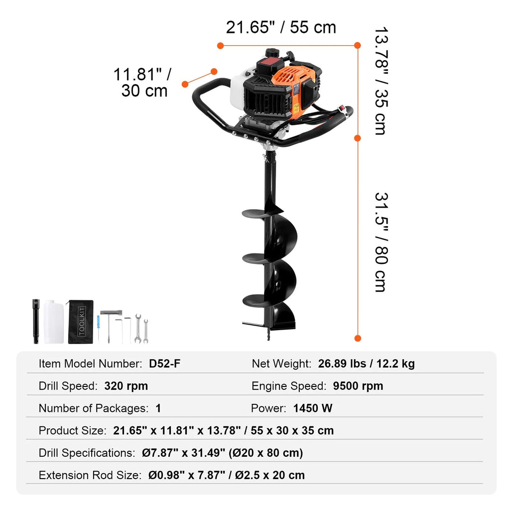 KFFKFF Gas Earth Auger, 52CC 1450W, 8 inch Drill Bit And Extension Rod - D52-F